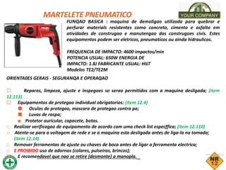 MARTELETE PNEUMATICO
FUNQAO BASICA : maquina de demoligao utilizada para quebrar e
perfurar materials resistentes como concreto, cimento e asfalto em
atividades de construgao e manutengao das construgoes civis. Estes
equipamentos podem ser eletricos, pneumaticos ou ainda hidraulicos.
FREQUENCIA DE IMPACTO: 4600 impactos/min
POTENCIA USUAL: 650W ENERGIA DE
IMPACTO: 1.8J FABRICANTE USUAL: HILT
Modelos TE2/TE2M
ORIENTA0ES GERAIS - SEGURANQA E OPERAQAO
□ Reparos, limpeza, ajuste e inspegoes so serao permitidos com a maquina desligada; (item
12.113)
□ Equipamentos de protegao individual obrigatorios: (item 12.4)
■ Oculos de protegao, mascara de protegao contra po;
■ Luvas de raspa;
■ Protetor auricular, capacete, botas.
□ Realizar verificagao de equipamento de acordo com uma check list especffica; (item 12.110)
□ Atente-se para a voltagem de rede e se a maquina esta desligada antes de liga-la na tomada;
(item 12.14)
□ Remover ferramentas de ajuste ou chaves de boca antes de ligar a ferramenta electrica;
□ E PROIBIDO uso de adornos (colares, pulseiras, brincos);
□ E recomendavel que nao se retire (desmonte) a manopla._
 