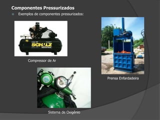Componentes PressurizadosExemplos de componentes pressurizados:Compressor de Ar Prensa EnfardadeiraSistema de Oxigênio