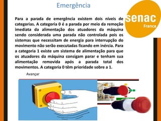 Emergência
Para a parada de emergência existem dois níveis de
categorias. A categoria 0 é a parada por meio da remoção
imediata da alimentação dos atuadores da máquina
sendo considerada uma parada não controlada pois os
sistemas que necessitam de energia para interrupção do
movimento não serão executadas ficando em inércia. Para
a categoria 1 existe um sistema de alimentação para que
os atuadores da máquina consigam parar e tenham sua
alimentação removida após a parada total dos
movimentos. A categoria 0 têm prioridade sobre a 1.
     Avançar
 