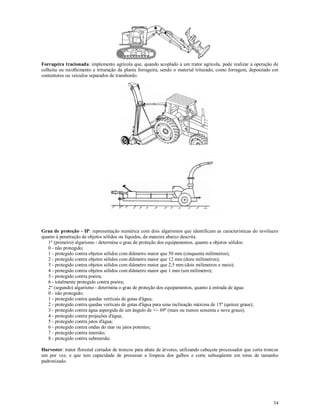 34
Forrageira tracionada: implemento agrícola que, quando acoplado a um trator agrícola, pode realizar a operação de
colheita ou recolhimento e trituração da planta forrageira, sendo o material triturado, como forragem, depositado em
contentores ou veículos separados de transbordo.
Grau de proteção - IP: representação numérica com dois algarismos que identificam as características do invólucro
quanto à penetração de objetos sólidos ou líquidos, da maneira abaixo descrita.
1º (primeiro) algarismo - determina o grau de proteção dos equipamentos, quanto a objetos sólidos:
0 - não protegido;
1 - protegido contra objetos sólidos com diâmetro maior que 50 mm (cinquenta milímetros);
2 - protegido contra objetos sólidos com diâmetro maior que 12 mm (doze milímetros);
3 - protegido contra objetos sólidos com diâmetro maior que 2,5 mm (dois milímetros e meio);
4 - protegido contra objetos sólidos com diâmetro maior que 1 mm (um milímetro);
5 - protegido contra poeira;
6 - totalmente protegido contra poeira;
2º (segundo) algarismo - determina o grau de proteção dos equipamentos, quanto à entrada de água:
0 - não protegido;
1 - protegido contra quedas verticais de gotas d'água;
2 - protegido contra quedas verticais de gotas d'água para uma inclinação máxima de 15º (quinze graus);
3 - protegido contra água aspergida de um ângulo de +/- 69º (mais ou menos sessenta e nove graus);
4 - protegido contra projeções d'água;
5 - protegido contra jatos d'água;
6 - protegido contra ondas do mar ou jatos potentes;
7 - protegido contra imersão;
8 - protegido contra submersão.
Harvester: trator florestal cortador de troncos para abate de árvores, utilizando cabeçote processador que corta troncos
um por vez, e que tem capacidade de processar a limpeza dos galhos e corte subseqüente em toras de tamanho
padronizado.
 
