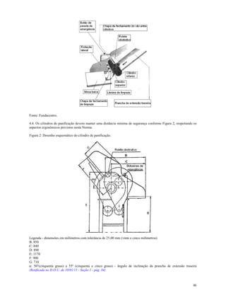 46
Fonte: Fundacentro.
4.4. Os cilindros de panificação devem manter uma distância mínima de segurança conforme Figura 2, respeitando os
aspectos ergonômicos previstos nesta Norma.
Figura 2: Desenho esquemático do cilindro de panificação.
Legenda - dimensões em milímetros com tolerância de 25,00 mm (vinte e cinco milímetros)
B: 850
C: 840
D: 890
E: 1170
F: 900
G: 710
α: 50°(cinquenta graus) a 55º (cinquenta e cinco graus) - ângulo de inclinação da prancha de extensão traseira
(Retificada no D.O.U. de 10/01/11 - Seção 1 - pág. 84)
 