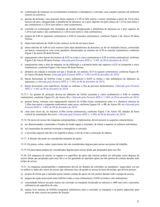 72
b) constituição de materiais ou revestimentos resistentes a intempéries e corrosão, caso estejam expostas em ambiente
externo ou corrosivo;
c) gaiolas de proteção, caso possuam altura superior a 3,50 m (três metros e meio), instaladas a partir de 2,0 m (dois
metros) do piso, ultrapassando a plataforma de descanso ou o piso superior em pelo menos de 1,10 m (um metro e
dez centímetros) a 1,20 m (um metro e vinte centímetros);
d) corrimão ou continuação dos montantes da escada ultrapassando a plataforma de descanso ou o piso superior de
1,10 m (um metro e dez centímetros) a 1,20 m (um metro e vinte centímetros);
e) largura de 0,40 m (quarenta centímetros) a 0,60 m (sessenta centímetros), conforme Figura 3 do Anexo III desta
Norma;
f) altura total máxima de 10,00 m (dez metros), se for de um único lance;
g) altura máxima de 6,00 m (seis metros) entre duas plataformas de descanso, se for de múltiplos lances, construídas
em lances consecutivos com eixos paralelos, distanciados no mínimo em 0,70 m (setenta centímetros), conforme
Figura 3 do anexo III desta Norma;
h) espaçamento entre barras horizontais de 0,25 m (vinte e cinco centímetros) a 0,30 m (trinta centímetros), conforme
Figura 3 do Anexo III desta Norma; (Alterada pela Portaria MTE n.º 1.893, de 09 de dezembro de 2013)
i) espaçamento entre o piso da máquina ou da edificação e a primeira barra não superior a 0,55 m (cinquenta e cinco
centímetros), conforme Figura 3 do Anexo III desta Norma;
j) distância em relação à estrutura em que é fixada de, no mínimo, 0,15 m (quinze centímetros), conforme Figura 4C
do Anexo III desta Norma; (Alterada pela Portaria MTE n.º 1.893, de 09 de dezembro de 2013)
k) barras horizontais de 0,025m (vinte e cinco milímetros) a 0,038 m (trinta e oito milímetros) de diâmetro ou
espessura; e (Alterada pela Portaria MTE n.º 1.893, de 09 de dezembro de 2013)
l) barras horizontais com superfícies, formas ou ranhuras a fim de prevenir deslizamentos. (Alterada pela Portaria
MTE n.º 1.893, de 09 de dezembro de 2013)
15.15.1. As gaiolas de proteção devem ter diâmetro de 0,65m (sessenta e cinco centímetros) a 0,80 m (oitenta
centímetros), conforme Figura 4 C, do Anexo III e: (Alterado pela Portaria MTE n.º 1.893, de 09 de dezembro de 2013)
a) possuir barras verticais com espaçamento máximo de 0,30m (trinta centímetros) entre si e distância máxima de
1,50m (um metro e cinquenta centímetros) entre arcos, conforme figuras 4A e 4B, do Anexo III; ou (Alterada pela
Portaria MTE n.º 1.893, de 09 de dezembro de 2013)
b) vãos entre arcos de, no máximo, 0,30m (trinta centímetros), conforme Figura 3 do Anexo III, dotadas de barra
vertical de sustentação dos arcos. (Alterada pela Portaria MTE n.º 1.893, de 09 de dezembro de 2013)
15.16. Os meios de acesso das máquinas autopropelidas e implementos, devem possuir as seguintes características:
a) ser dimensionados, construídos e fixados de modo seguro e resistente, de forma a suportar os esforços solicitantes;
b) ser constituídos de material resistente a intempéries e corrosão;
c) o travessão superior não deve ter superfície plana, a fim de evitar a colocação de objetos.
15.17. A direção não pode ser considerada manípulo de apoio.
15.18. Os pneus, cubos, rodas e para-lamas não são considerados degraus para acesso aos postos de trabalho.
15.19. Os para-lamas podem ser considerados degraus para acesso desde que projetados para esse fim.
15.20. Em máquinas de esteira, as sapatas e a superfície de apoio das esteiras podem ser utilizadas como degraus de
acesso desde que projetados para esse fim e se for garantido ao operador apoio em três pontos de contato durante todo
tempo de acesso.
15.21. As máquinas autopropelidas e implementos devem ser dotados de corrimãos ou manípulos - pega-mãos, em um
ou ambos os lados dos meios de acesso que ofereçam risco de queda ou acesso às áreas de perigo, que devem possuir:
a) projeto de forma que o operador possa manter contato de apoio em três pontos durante todo o tempo de acesso;
b) largura da seção transversal entre 0,025m (vinte e cinco milímetros) e 0,038 m (trinta e oito milímetros);
c) extremidade inferior em pelo menos um corrimão ou manípulo localizada no máximo a 1600 mm (mil e seiscentos
milímetros) da superfície do solo;
d) espaço livre mínimo de 0,050m (cinquenta milímetros) entre o corrimão ou manípulo e as partes adjacentes para
acesso da mão, exceto nos pontos de fixação;
 