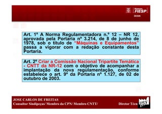 DESIN
11
JOSE CARLOS DE FREITAS
Consultor Sindipeças/ Membro da CPN/ Membro CNTT/ Diretor Técnico
Art. 1º A Norma Regulamentadora n.º 12 – NR 12,
aprovada pela Portaria nº 3.214, de 8 de junho de
1978, sob o título de “Máquinas e Equipamentos”
passa a vigorar com a redação constante desta
Portaria.
Art. 2º Criar a Comissão Nacional Tripartite Temática
- CNTT da NR-12 com o objetivo de acompanhar a
implantação da nova regulamentação, conforme
estabelece o art. 9º da Portaria nº 1.127, de 02 de
outubro de 2003.
 