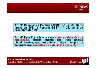 DESIN
12
JOSE CARLOS DE FREITAS
Consultor Sindipeças/ Membro da CPN/ Membro CNTT/ Diretor Técnico
Art. 3º Revogar as Portarias SSMT n.º 12, de 06 de
junho de 1983 e Portaria SSST n.º 25, de 3 de
dezembro de 1996.
Art. 4º Esta Portaria entra em vigor na data de sua
publicação, exceto quanto aos itens abaixo
discriminados, que entrarão em vigor nos prazos
consignados, contados da publicação deste ato.
 
