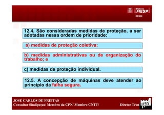 DESIN
18
JOSE CARLOS DE FREITAS
Consultor Sindipeças/ Membro da CPN/ Membro CNTT/ Diretor Técnico
12.4. São consideradas medidas de proteção, a ser
adotadas nessa ordem de prioridade:
a) medidas de proteção coletiva;
b) medidas administrativas ou de organização do
trabalho; e
c) medidas de proteção individual.
12.5. A concepção de máquinas deve atender ao
princípio da falha segura.
 
