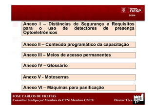 DESIN
24
JOSE CARLOS DE FREITAS
Consultor Sindipeças/ Membro da CPN/ Membro CNTT/ Diretor Técnico
Anexo III – Meios de acesso permanentes
Anexo I – Distâncias de Segurança e Requisitos
para o uso de detectores de presença
Optoeletrônicos
Anexo II – Conteúdo programático da capacitação
Anexo IV – Glossário
Anexo V - Motoserras
Anexo VI – Máquinas para panificação
 