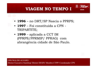 DESINVIAGEM NO TEMPO I
• 1996 – no DRT/SP Nascia o PPRPS;
• 1997 – Foi constituída a CPN -
TRIPARTITE;
• 1999 – aplicada a CCT IM
(PPRPS/PPRMIP/ PPRAG) com
abrangência cidade de São Paulo.
3
ODUWALDO ALVARO
Diretor Executivo Siamfesp/ Diretor DESIN/ Membro CTPP/ Coordenador CPN
 