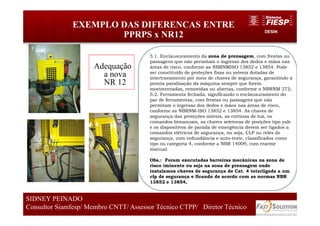DESIN
EXEMPLO DAS DIFERENCAS ENTRE
PPRPS x NR12
57
SIDNEY PEINADO
Consultor Siamfesp/ Membro CNTT/ Assessor Técnico CTPP/ Diretor Técnico
5.1. Enclausuramento da zona de prensagem, com frestas ou
passagens que não permitam o ingresso dos dedos e mãos nas
áreas de risco, conforme as NBRNMISO 13852 e 13854. Pode
ser constituído de proteções fixas ou móveis dotadas de
intertravamento por meio de chaves de segurança, garantindo a
pronta paralisação da máquina sempre que forem
movimentadas, removidas ou abertas, conforme a NBRNM 272;
5.2. Ferramenta fechada, significando o enclausuramento do
par de ferramentas, com frestas ou passagens que não
permitam o ingresso dos dedos e mãos nas áreas de risco,
conforme as NBRNM-ISO 13852 e 13854. As chaves de
segurança das proteções móveis, as cortinas de luz, os
comandos bimanuais, as chaves seletoras de posições tipo yale
e os dispositivos de parada de emergência devem ser ligados a
comandos elétricos de segurança, ou seja, CLP ou relés de
segurança, com redundância e auto-teste, classificados como
tipo ou categoria 4, conforme a NBR 14009, com rearme
manual.
Obs.: Foram executadas barreiras mecânicas na zona de
risco iminente ou seja na zona de prensagem onde
instalamos chaves de segurança de Cat. 4 interligada a um
clp de segurança e ficando de acordo com as normas NBR
13852 e 13854,
Adequação
a nova
NR 12
 