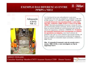DESIN
EXEMPLO DAS DIFERENCAS ENTRE
PPRPS x NR12
62
SIDNEY PEINADO
Consultor Siamfesp/ Membro CNTT/ Assessor Técnico CTPP/ Diretor Técnico
5.3. Cortina de luz com redundância e auto-teste,
classificada como tipo ou categoria 4, conforme a IEC EN
61496, partes 1 e 2, a EN 999 e a NBR 14009, conjugada
comando bimanual com simultaneidade e auto teste,
tipo IIIC, conforme a NBR 14152 e o item 4.5 da NBR
13930. Havendo possibilidade de acesso a áreas de risco
não monitoradas pela(s) cortina(s), devem existir proteções
fixas ou móveis dotadas de intertravamento por meio de
chaves de segurança, conforme a NBRNM 272. O número
de comandos bimanuais deve corresponder ao número
de operadores na máquina, com chave seletora de
posições tipo yale ou outro sistema com função similar, de
forma a impedir o funcionamento acidental da máquina
sem que todos os comandos sejam acionados, conforme a
NBR 14154
Obs: O comando bi manual e esta de acordo com a
norma NBR 14152, e esta interligado no Clp de
segurança Cat.4.
Adequação
a nova
NR 12
 