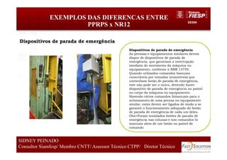 DESIN
EXEMPLOS DAS DIFERENCAS ENTRE
PPRPS x NR12
68
SIDNEY PEINADO
Consultor Siamfesp/ Membro CNTT/ Assessor Técnico CTPP/ Diretor Técnico 68
SIDNEY PEINADO
Consultor Siamfesp/ Membro CNTT/ Assessor Técnico CTPP/ Diretor Técnico
Dispositivos de parada de emergência
As prensas e equipamentos similares devem
dispor de dispositivos de parada de
emergência, que garantam a interrupção
imediata do movimento da máquina ou
equipamento, conforme a NBR 13759.
Quando utilizados comandos bianuais
conectáveis por tomadas (removíveis) que
contenham botão de parada de emergência,
este não pode ser o único, devendo haver
dispositivo de parada de emergência no painel
ou corpo da máquina ou equipamento.
Havendo vários comandos bimanuais para o
acionamento de uma prensa ou equipamento
similar, estes devem ser ligados de modo a se
garantir o funcionamento adequado do botão
de parada de emergência de cada um deles.
Obs>Foram instalados botões de parada de
emergência nas colunas e nos comandos bi
manuais alem de um botão no painel de
comando
Dispositivos de parada de emergência
 
