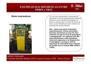 DESIN
EXEMPLOS DAS DIFERENCAS ENTRE
PPRPS x NR12
76
SIDNEY PEINADO
Consultor Siamfesp/ Membro CNTT/ Assessor Técnico CTPP/ Diretor Técnico 76
SIDNEY PEINADO
Consultor Siamfesp/ Membro CNTT/ Assessor Técnico CTPP/ Diretor Técnico
Rolos Laminadores 22. Os rolos laminadores, laminadoras,
calandras e outros equipamentos similares
devem ter seus cilindros protegidos, de
forma a não permitir o acesso às áreas de
risco, ou ser dotados de outro sistema de
proteção de mesma eficácia
Obs.: Neste caso deste Laminador
especificamente, Foram executadas
barreiras mecânicas na zona de risco
iminente ou seja na zona de prensagem
e esmagamento no conjunto todo dos
rolos laminadores, onde instalamos
chaves de segurança e de bloqueio Cat.
4 interligada a um Clp ou relé de
segurança de velocidade zero e ficando
de acordo com as normas NBR 13852 e
13854,
 