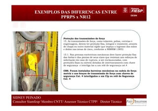 DESIN
EXEMPLOS DAS DIFERENCAS ENTRE
PPRPS x NR12
79
SIDNEY PEINADO
Consultor Siamfesp/ Membro CNTT/ Assessor Técnico CTPP/ Diretor Técnico 79
SIDNEY PEINADO
Consultor Siamfesp/ Membro CNTT/ Assessor Técnico CTPP/ Diretor Técnico
Proteção das transmissões de força
15. As transmissões de força, como volantes, polias, correias e
engrenagens, devem ter proteção fixa, integral e resistente, através
de chapa ou outro material rígido que impeça o ingresso das mãos
e dedos nas áreas de risco, conforme a NBRNM 13852.
15.1. Nas prensas excêntricas mecânicas deve haver proteção fixa
das bielas e das pontas de seus eixos que resistam aos esforços de
solicitação em caso de ruptura. a ser enclausuradas, com
proteções fixas ou móveis dotadas de intertravamento com chave
de segurança e interliga las a um relé de segurança cat.4
OBS. Foram instaladas barreiras mecânicas na cadeia de força
motriz e nos braços de transmissão de força com chaves de
segurança Cat. 4 interligados a um Clp ou relé de Segurança
Cat. 4
 
