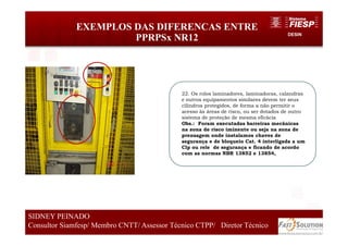 DESIN
EXEMPLOS DAS DIFERENCAS ENTRE
PPRPSx NR12
81
SIDNEY PEINADO
Consultor Siamfesp/ Membro CNTT/ Assessor Técnico CTPP/ Diretor Técnico 81
SIDNEY PEINADO
Consultor Siamfesp/ Membro CNTT/ Assessor Técnico CTPP/ Diretor Técnico
22. Os rolos laminadores, laminadoras, calandras
e outros equipamentos similares devem ter seus
cilindros protegidos, de forma a não permitir o
acesso às áreas de risco, ou ser dotados de outro
sistema de proteção de mesma eficácia
Obs.: Foram executadas barreiras mecânicas
na zona de risco iminente ou seja na zona de
prensagem onde instalamos chaves de
segurança e de bloqueio Cat. 4 interligada a um
Clp ou rele de segurança e ficando de acordo
com as normas NBR 13852 e 13854,
 