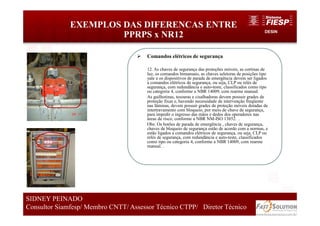 DESIN
EXEMPLOS DAS DIFERENCAS ENTRE
PPRPS x NR12
82
SIDNEY PEINADO
Consultor Siamfesp/ Membro CNTT/ Assessor Técnico CTPP/ Diretor Técnico 82
SIDNEY PEINADO
Consultor Siamfesp/ Membro CNTT/ Assessor Técnico CTPP/ Diretor Técnico
Comandos elétricos de segurança
12. As chaves de segurança das proteções móveis, as cortinas de
luz, os comandos bimanuais, as chaves seletoras de posições tipo
yale e os dispositivos de parada de emergência devem ser ligados
a comandos elétricos de segurança, ou seja, CLP ou relés de
segurança, com redundância e auto-teste, classificados como tipo
ou categoria 4, conforme a NBR 14009, com rearme manual.
As guilhotinas, tesouras e cisalhadoras devem possuir grades de
proteção fixas e, havendo necessidade de intervenção freqüente
nas lâminas, devem possuir grades de proteção móveis dotadas de
intertravamento com bloqueio, por meio de chave de segurança,
para impedir o ingresso das mãos e dedos dos operadores nas
áreas de risco, conforme a NBR NM-ISO 13852. .
Obs: Os botões de parada de emergência , chaves de segurança,
chaves de bloqueio de segurança estão de acordo com a normas, e
estão ligados a comandos elétricos de segurança, ou seja, CLP ou
relés de segurança, com redundância e auto-teste, classificados
como tipo ou categoria 4, conforme a NBR 14009, com rearme
manual. .
 