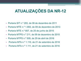 ATUALIZAÇÕES DA NR-12
• Portaria SIT n.º 293, de 08 de dezembro de 2011
• Portaria MTE n.º 1.893, de 09 de dezembro de 2013
• Portaria MTE n.º 857, de 25 de junho de 2015
• Portaria MTPS n.º 211, de 09 de dezembro de 2015
• Portaria MTPS n.º 509, de 29 de abril de 2016
• Portaria MTb n.º 1.110, de 21 de setembro de 2016
• Portaria MTb n.º 1.111, de 21 de setembro de 2016
 