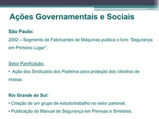 Ações Governamentais e Sociais
São Paulo:
2002 – Segmento de Fabricantes de Máquinas publica o livro “Segurança
em Primeiro Lugar”.
Setor Panificação:
• Ação dos Sindicatos dos Padeiros para proteção dos cilindros de
massa.
Rio Grande do Sul:
• Criação de um grupo de estudo/trabalho no setor patronal;
• Publicação do Manual de Segurança em Prensas e Similares.
 