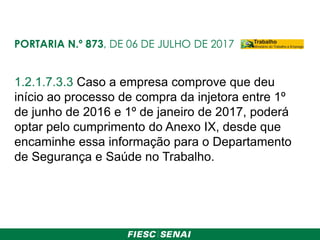 PORTARIA N.º 873, DE 06 DE JULHO DE 2017
1.2.1.7.3.3 Caso a empresa comprove que deu
início ao processo de compra da injetora entre 1º
de junho de 2016 e 1º de janeiro de 2017, poderá
optar pelo cumprimento do Anexo IX, desde que
encaminhe essa informação para o Departamento
de Segurança e Saúde no Trabalho.
 
