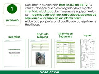 1
INVENTÁRIO
Documento exigido pelo item 12.153 da NR-12. O
item estabelece que o empregador deve manter
inventário atualizado das máquinas e equipamentos
com identificação por tipo, capacidade, sistemas de
segurança e localização em planta baixa,
elaborado por profissional qualificado ou legalmente
Habilitado.
Inventário
Dados da
Máquina
Sistemas de
Segurança Layout
 