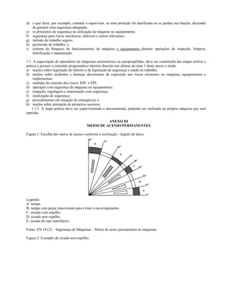 d) o que fazer, por exemplo, contatar o supervisor, se uma proteção foi danificada ou se perdeu sua função, deixando
   de garantir uma segurança adequada;
e) os princípios de segurança na utilização da máquina ou equipamento;
f) segurança para riscos mecânicos, elétricos e outros relevantes;
g) método de trabalho seguro;
h) permissão de trabalho; e
i) sistema de bloqueio de funcionamento da máquina e equipamento durante operações de inspeção, limpeza,
   lubrificação e manutenção.

1.1. A capacitação de operadores de máquinas automotrizes ou autopropelidas, deve ser constituída das etapas teórica e
prática e possuir o conteúdo programático mínimo descrito nas alíneas do item 1 deste anexo e ainda:
a) noções sobre legislação de trânsito e de legislação de segurança e saúde no trabalho;
b) noções sobre acidentes e doenças decorrentes da exposição aos riscos existentes na máquina, equipamentos e
     implementos;
c) medidas de controle dos riscos: EPC e EPI;
d) operação com segurança da máquina ou equipamento;
e) inspeção, regulagem e manutenção com segurança;
f) sinalização de segurança;
g) procedimentos em situação de emergência; e
h) noções sobre prestação de primeiros socorros.
    1.1.1. A etapa prática deve ser supervisionada e documentada, podendo ser realizada na própria máquina que será
operada.

                                                  ANEXO III
                                        MEIOS DE ACESSO PERMANENTES

Figura 1: Escolha dos meios de acesso conforme a inclinação - ângulo de lance.




Legenda:
A: rampa.
B: rampa com peças transversais para evitar o escorregamento.
C: escada com espelho.
D: escada sem espelho.
E: escada do tipo marinheiro.

Fonte: EN 14122 – Segurança de Máquinas – Meios de aceso permanentes às máquinas.

Figura 2: Exemplo de escada sem espelho.
 