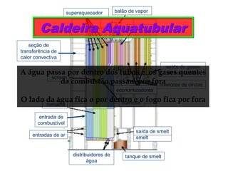 tanque de smelt
Saída de
smelt
bullnose
economizadores
coletores de cinzas
saída de smelt
convector
balão de vaporsuperaquecedor
entradas de ar
fornalha
screen
saída de gases
de combustão
distribuidores de
água
entrada de
combustível
seção de
transferência de
calor convectiva
Caldeira AquatubularCaldeira Aquatubular
A água passa por dentro dos tubos e os gases quentes
da combustão passam por fora
O lado da água fica o por dentro e o fogo fica por fora
 