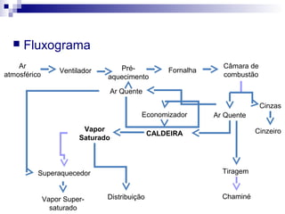  Fluxograma
Ar
atmosférico
Ventilador Pré-
aquecimento
Fornalha
Câmara de
combustão
Cinzas
Cinzeiro
Ar Quente
CALDEIRA
Economizador
Ar Quente
Vapor
Saturado
Vapor Super-
saturado
Distribuição
Superaquecedor Tiragem
Chaminé
 