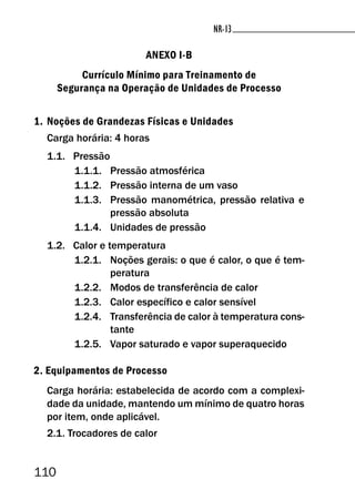 110
NR-13NR-13
ANEXO I-B
Currículo Mínimo para Treinamento de
Segurança na Operação de Unidades de Processo
1. Noções de Grandezas Físicas e Unidades
Carga horária: 4 horas
1.1. Pressão
1.1.1. Pressão atmosférica
1.1.2. Pressão interna de um vaso
1.1.3. Pressão manométrica, pressão relativa e
pressão absoluta
1.1.4. Unidades de pressão
1.2. Calor e temperatura
1.2.1. Noções gerais: o que é calor, o que é tem-
peratura
1.2.2. Modos de transferência de calor
1.2.3. Calor específico e calor sensível
1.2.4. Transferência de calor à temperatura cons-
tante
1.2.5. Vapor saturado e vapor superaquecido
2. Equipamentos de Processo
Carga horária: estabelecida de acordo com a complexi-
dade da unidade, mantendo um mínimo de quatro horas
por item, onde aplicável.
2.1. Trocadores de calor
 
