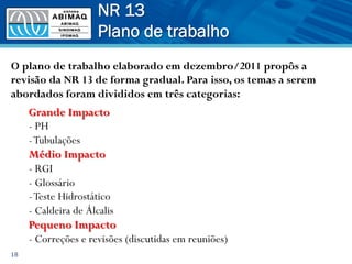 NR 13
Plano de trabalho
18
O plano de trabalho elaborado em dezembro/2011 propôs a
revisão da NR 13 de forma gradual. Para isso, os temas a serem
abordados foram divididos em três categorias:
Grande Impacto
- PH
-Tubulações
Médio Impacto
- RGI
- Glossário
-Teste Hidrostático
- Caldeira de Álcalis
Pequeno Impacto
- Correções e revisões (discutidas em reuniões)
 