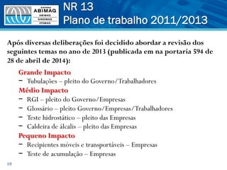 NR 13
Plano de trabalho 2011/2013
19
Após diversas deliberações foi decidido abordar a revisão dos
seguintes temas no ano de 2013 (publicada em na portaria 594 de
28 de abril de 2014):
Grande Impacto
−  Tubulações – pleito do Governo/Trabalhadores
Médio Impacto
−  RGI – pleito do Governo/Empresas
−  Glossário – pleito Governo/Empresas/Trabalhadores
−  Teste hidrostático – pleito das Empresas
−  Caldeira de álcalis – pleito das Empresas
Pequeno Impacto
−  Recipientes móveis e transportáveis – Empresas
−  Teste de acumulação – Empresas
 