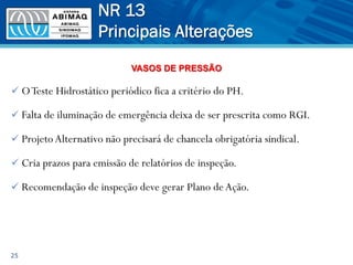 ü OTeste Hidrostático periódico fica a critério do PH.
ü Falta de iluminação de emergência deixa de ser prescrita como RGI.
ü ProjetoAlternativo não precisará de chancela obrigatória sindical.
ü Cria prazos para emissão de relatórios de inspeção.
ü Recomendação de inspeção deve gerar Plano deAção.
25
NR 13
Principais Alterações
VASOS DE PRESSÃO
 