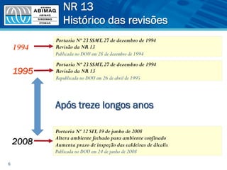 NR 13
Histórico das revisões
6
1994
Portaria Nº 23 SSMT,27 de dezembro de 1994
Revisão da NR 13
Publicada no DOU em 28 de dezembro de 1994
1995
Portaria Nº 23 SSMT,27 de dezembro de 1994
Revisão da NR 13
Republicada no DOU em 26 de abril de 1995
2008
Portaria Nº 12 SIT,19 de junho de 2008
Altera ambiente fechado para ambiente confinado
Aumenta prazo de inspeção das caldeiras de álcalis
Publicada no DOU em 24 de junho de 2008
Após treze longos anos
 