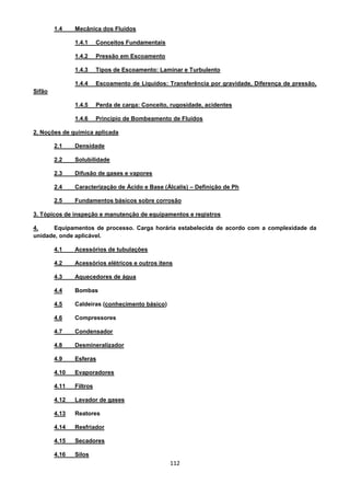112
1.4 Mecânica dos Fluidos
1.4.1 Conceitos Fundamentais
1.4.2 Pressão em Escoamento
1.4.3 Tipos de Escoamento: Laminar e Turbulento
1.4.4 Escoamento de Líquidos: Transferência por gravidade, Diferença de pressão,
Sifão
1.4.5 Perda de carga: Conceito, rugosidade, acidentes
1.4.6 Principio de Bombeamento de Fluidos
2. Noções de química aplicada
2.1 Densidade
2.2 Solubilidade
2.3 Difusão de gases e vapores
2.4 Caracterização de Ácido e Base (Álcalis) – Definição de Ph
2.5 Fundamentos básicos sobre corrosão
3. Tópicos de inspeção e manutenção de equipamentos e registros
4. Equipamentos de processo. Carga horária estabelecida de acordo com a complexidade da
unidade, onde aplicável.
4.1 Acessórios de tubulações
4.2 Acessórios elétricos e outros itens
4.3 Aquecedores de água
4.4 Bombas
4.5 Caldeiras (conhecimento básico)
4.6 Compressores
4.7 Condensador
4.8 Desmineralizador
4.9 Esferas
4.10 Evaporadores
4.11 Filtros
4.12 Lavador de gases
4.13 Reatores
4.14 Resfriador
4.15 Secadores
4.16 Silos
 
