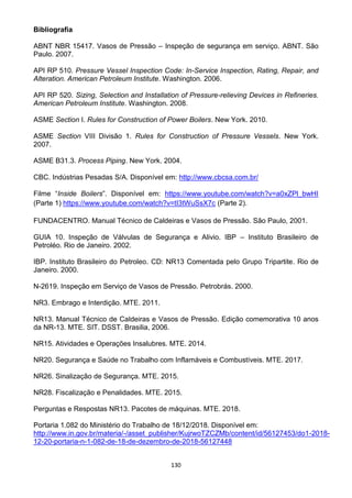 130
Bibliografia
ABNT NBR 15417. Vasos de Pressão – Inspeção de segurança em serviço. ABNT. São
Paulo. 2007.
API RP 510. Pressure Vessel Inspection Code: In-Service Inspection, Rating, Repair, and
Alteration. American Petroleum Institute. Washington. 2006.
API RP 520. Sizing, Selection and Installation of Pressure-relieving Devices in Refineries.
American Petroleum Institute. Washington. 2008.
ASME Section I. Rules for Construction of Power Boilers. New York. 2010.
ASME Section VIII Divisão 1. Rules for Construction of Pressure Vessels. New York.
2007.
ASME B31.3. Process Piping. New York. 2004.
CBC. Indústrias Pesadas S/A. Disponível em: http://www.cbcsa.com.br/
Filme “Inside Boilers”. Disponível em: https://www.youtube.com/watch?v=a0xZPl_bwHI
(Parte 1) https://www.youtube.com/watch?v=tI3tWuSsX7c (Parte 2).
FUNDACENTRO. Manual Técnico de Caldeiras e Vasos de Pressão. São Paulo, 2001.
GUIA 10. Inspeção de Válvulas de Segurança e Alivio. IBP – Instituto Brasileiro de
Petroléo. Rio de Janeiro. 2002.
IBP. Instituto Brasileiro do Petroleo. CD: NR13 Comentada pelo Grupo Tripartite. Rio de
Janeiro. 2000.
N-2619. Inspeção em Serviço de Vasos de Pressão. Petrobrás. 2000.
NR3. Embrago e Interdição. MTE. 2011.
NR13. Manual Técnico de Caldeiras e Vasos de Pressão. Edição comemorativa 10 anos
da NR-13. MTE. SIT. DSST. Brasilia, 2006.
NR15. Atividades e Operações Insalubres. MTE. 2014.
NR20. Segurança e Saúde no Trabalho com Inflamáveis e Combustíveis. MTE. 2017.
NR26. Sinalização de Segurança. MTE. 2015.
NR28. Fiscalização e Penalidades. MTE. 2015.
Perguntas e Respostas NR13. Pacotes de máquinas. MTE. 2018.
Portaria 1.082 do Ministério do Trabalho de 18/12/2018. Disponível em:
http://www.in.gov.br/materia/-/asset_publisher/KujrwoTZCZMb/content/id/56127453/do1-2018-
12-20-portaria-n-1-082-de-18-de-dezembro-de-2018-56127448
 