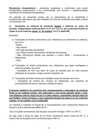 13
Recipientes transportáveis - recipientes projetados e construídos para serem
transportados pressurizados e em conformidade com normas e regulamentações
especificas de recipientes transportáveis.
Um exemplo de recipientes móveis são os reservatórios de ar comprimido e
compressores alternativos que são instalados em cima de caminhões para apoio a obras
na construção civil.
e) tubulações ou sistemas de tubulação ligados a caldeiras ou vasos de
pressão, categorizados conforme itens 13.4.1.2 e 13.5.1.2, que contenham fluidos de
classe A ou B conforme alínea “a” do subitem 13.5.1.2, desta NR.
Exemplos:
a) Tubulações de fluidos combustíveis e/ou inflamáveis que alimentam as caldeiras,
tais como:
- Diesel;
- Gás natural;
- GLP (gás liquefeito de petróleo);
- Licor Negro (resíduo de processo de fábricas de celulose);
- Óleo combustível (Desde que atendam a norma NR20 – Combustíveis e
Inflamáveis);
- Xisto.
b) Tubulações de fluidos combustíveis e/ou inflamáveis que sejam interligados a
vasos de pressão, tais como:
- Tubulações de GLP que saem de vasos de pressão para as mais diversas
utilizações de processo, cocção (cozinha industrial), etc.
c) Tubulações de fluidos tóxicos que interligam vasos de pressão, tais como:
- Tubulações de amônia em circuitos de refrigeração nas indústrias de
processamento de carnes, laticínios, bebidas em geral.
f) tanques metálicos de superfície para armazenamento e estocagem de produtos
finais ou de matérias primas, não enterrados e com fundo apoiado sobre o solo,
com diâmetro externo maior do que 3 m (três metros), capacidade nominal maior do
que 20.000 L (vinte mil litros), e que contenham fluidos de classe A ou B, conforme
a alínea "a" do subitem 13.5.1.2 desta NR.
Um exemplo é mostrado na Figura 06. O enquadramento como combustível (fluidos de
classe A ou B) é definido pela NR20 (2017):
“20.3.3 Líquidos combustíveis: são líquidos com ponto de fulgor > 60º C e ≤ 93º C”.
Ou seja, caso o ponto de fulgor de um fluido combustível estiver acima de 93o
C, o
mesmo não se enquadra como combustível para a NR-13.
 