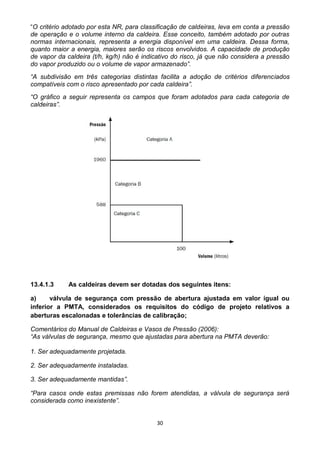 30
“O critério adotado por esta NR, para classificação de caldeiras, leva em conta a pressão
de operação e o volume interno da caldeira. Esse conceito, também adotado por outras
normas internacionais, representa a energia disponível em uma caldeira. Dessa forma,
quanto maior a energia, maiores serão os riscos envolvidos. A capacidade de produção
de vapor da caldeira (t/h, kg/h) não é indicativo do risco, já que não considera a pressão
do vapor produzido ou o volume de vapor armazenado”.
“A subdivisão em três categorias distintas facilita a adoção de critérios diferenciados
compatíveis com o risco apresentado por cada caldeira”.
“O gráfico a seguir representa os campos que foram adotados para cada categoria de
caldeiras”.
13.4.1.3 As caldeiras devem ser dotadas dos seguintes itens:
a) válvula de segurança com pressão de abertura ajustada em valor igual ou
inferior a PMTA, considerados os requisitos do código de projeto relativos a
aberturas escalonadas e tolerâncias de calibração;
Comentários do Manual de Caldeiras e Vasos de Pressão (2006):
“As válvulas de segurança, mesmo que ajustadas para abertura na PMTA deverão:
1. Ser adequadamente projetada.
2. Ser adequadamente instaladas.
3. Ser adequadamente mantidas”.
“Para casos onde estas premissas não forem atendidas, a válvula de segurança será
considerada como inexistente”.
 