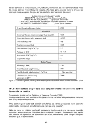 45
deverá ser dada a sua qualidade, em particular, verificando se suas características estão
de acordo com as requeridas pela caldeira. De modo geral, quanto maior a pressão de
operação mais apurados deverão ser os requisitos de tratamento de água”.
SUGGESTED WATER QUALITY LIMITS
BOILER TYPE: Industrial firetube, high duty, primary fuel fired
MAKEUP WATER PERCENTAGE: Up to 100% of feedwater
CONDITIONS: No superheater, turbine drives, or process restrictions on steam
SATURATED STEAM PURITY TARGET: 1.0 ppm TDS in the steam
Drum Operating Pressure (psig) 0-300
Feedwater
Dissolved Oxygen before scavenger feed (mg/l O) <0.04
Dissolved Oxygen after scavenger feed <0.007
Total iron (mg/l Fe) <0.1
Total copper (mg/l Cu) <0.05
Total hardness (mg/l CaCO3) <1.0
Ph range @ 25F 7.0-10.5
Nonvolatile TOC (mg/l C) <10
Oily matter (mg/l) <1
Boiler Water
Silica (mg/l SiO2) <150
Total Alkalinity (mg/l CaCO3) <700
Free Hydroxide alkalinity (mg/l CaCO3) Not specified
Unneutralized conductivity
(mho/cm @ 25F)
<7000
Figura 22 – Limites sugeridos para a água de alimentação e das caldeiras flamotubulares conforme a ASME
13.4.3.4 Toda caldeira a vapor deve estar obrigatoriamente sob operação e controle
de operador de caldeira.
Comentários do Manual de Caldeiras e Vasos de Pressão (2006):
“A responsabilidade pela existência de operadores de caldeiras adequadamente treinados
é do dono do estabelecimento”.
“Uma caldeira pode estar sob controle simultâneo de vários operadores e um operador
poderá estar controlando simultaneamente mais de uma caldeira”.
“Não faz parte do objetivo desta NR estabelecer limites numéricos para essa questão,
entretanto, entende-se que “caldeiras sob controle de operador” é aquela em que, existe,
pelo menos um operador em condições de atuar prontamente para corrigir situações
anormais que se apresentem”.
 