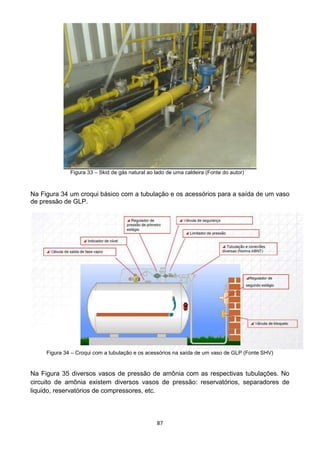 87
Figura 33 – Skid de gás natural ao lado de uma caldeira (Fonte do autor)
Na Figura 34 um croqui básico com a tubulação e os acessórios para a saída de um vaso
de pressão de GLP.
Figura 34 – Croqui com a tubulação e os acessórios na saída de um vaso de GLP (Fonte SHV)
Na Figura 35 diversos vasos de pressão de amônia com as respectivas tubulações. No
circuito de amônia existem diversos vasos de pressão: reservatórios, separadores de
liquido, reservatórios de compressores, etc.
 