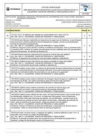 LISTA DE VERIFICAÇÃO
PRÉ INSPEÇÃO DOS REQUISITOS LEGAIS REGULATÓRIOS DA NR-13
(CALDEIRAS, VASOS DE PRESSÃO e TUBULAÇÕES)-41597-0
Nº 41597
ORIGEM: ETM
REVISÃO 0 (15/07/2014)
TIPO DE AVALIAÇÃO : FISCALIZAÇÃO
TIPO DE LV : LV PADRÃO
STATUS: DISPONÍVEL
CADASTRADOR: MARCIO BARBOSA DE SOUZA
IMPRESSÃO: 19/02/2015
RESPONSÁVEL TÉCNICO: RAMON RODRIGUES RIBEIRO
ENGENHARIA / ASSESSORIA / PRÉ INSPEÇÃO DE CONFORMIDADE LEGAL E REGULATÓRIA / MÁQUINAS E
EQUIPAMENTOS MECÂNICOS
ESPECIALIDADE:
DESCRIÇÃO PESO R.L.ITEM
2
13.3.6 e 13.3.7, d) relatórios de inspeção em conformidade com o item 13.6.3.9.
Doc. Ref.: NR-13 - CALDEIRAS, VASOS DE PRESSÃO e TUBULAÇÕES
N32
2
155144/0-Existe bloqueio inadvertido de dispositivos de segurança de Caldeiras, ou seu bloqueio
intencional sem a devida justificativa técnica baseada em códigos, normas ou procedimentos
formais de operação do equipamento,
Doc. Ref.: NR-13 - CALDEIRAS, VASOS DE PRESSÃO e TUBULAÇÕES
Evidência: Percorrer a linha da PSV e verificar a existência de bloqueios, tanto a montante como
a jusante da PSV. Verificar se existem procedimentos formais (validados pela UO) que permitem
bloqueios temporários de válvulas de bloqueio.(S)
N33
2
155145/0-Existe dispositivo operacional de controle do nível de água de caldeira?
Doc. Ref.: NR-13 - CALDEIRAS, VASOS DE PRESSÃO e TUBULAÇÕES
Evidência: O dispositivo de controle de nível deve estar instalado e calibrado(S)
N34
2
155146/0-A Caldeira possui instrumento que indique a pressão do vapor acumulado?
Doc. Ref.: NR-13 - CALDEIRAS, VASOS DE PRESSÃO e TUBULAÇÕES
Evidência: O instrumento deverá estar instalado e calibrado.(S)
N35
2
155147/0-A caldeira possui injetor ou sistema de alimentação de água independente do principal
que evite o superaquecimento por alimentação deficiente, acima das temperaturas de projeto, de
caldeiras de combustível sólido não atomizado ou com queima em suspensão?
Doc. Ref.: NR-13 - CALDEIRAS, VASOS DE PRESSÃO e TUBULAÇÕES
N36
2
155148/0-A caldeira possui sistema dedicado de drenagem rápida de água em caldeiras de
recuperação de álcalis, com ações automáticas após acionamento pelo operador?
Doc. Ref.: NR-13 - CALDEIRAS, VASOS DE PRESSÃO e TUBULAÇÕES
N37
2
155149/0-A caldeira possui sistema automático de controle do nível de água com
intertravamento que evite o superaquecimento por alimentação deficiente?
Doc. Ref.: NR-13 - CALDEIRAS, VASOS DE PRESSÃO e TUBULAÇÕES
N38
2
155150/0-A caldeira possui afixada em seu corpo, em local de fácil acesso e bem visível, placa
de identificação indelével com, no mínimo, as seguintes informações: nome do fabricante,
número de ordem dado pelo Fabricante da caldeira, ano de fabricação, pressão máxima de
trabalho admissível, pressão de teste hidrostático de fabricação, capacidade de produção de
vapor, área de superfície de aquecimento, código de projeto e ano de edição?
Doc. Ref.: NR-13 - CALDEIRAS, VASOS DE PRESSÃO e TUBULAÇÕES
Evidência: Verificar a existência de placa de identificação. A placa deve ser de facil aceso e
visualização. Todos os campos devem estar no idioma português.(S)
N39
2
155151/0-Consta, em local visível, a categoria da caldeira, conforme definida no item 13.4.1.2
desta NR, e seu número ou código de identificação?
Doc. Ref.: NR-13 - CALDEIRAS, VASOS DE PRESSÃO e TUBULAÇÕES
Evidência: A dimesão do letreiro deve ser compatível com a dimensção do equipamneto e
respeitar o código de identificação visual da Companhia.(S)
N40
4 10/Gestor:ETM/GPRI/PIE
19/02/2015
Os documentos de referência, listados em cada pergunta, podem ser considerados na sua totalidade ou individualmente, dependendo do estipulado em cada contrato.
 