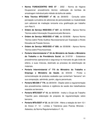 •   Norma FUNDACENTRO NHO 07 - 2002 - Norma de Higiene
    Ocupacional:     procedimento   técnico:    calibração   de   bombas       de
    amostragem individual pelo método da bolha de sabão.
•   Nota Técnica MTE/DSST no 40, de 28/08/03 - Consulta sobre
    percepção cumulativa de adicionais de periculosidade ou insalubridade
    com adicional de irradiação ionizante e/ou gratificação por trabalho
    com Raio X.
•   Ordem de Serviço INSS/DSS no 607, de 05/08/98 - Aprova Norma
    Técnica sobre Intoxicação Ocupacional pelo Benzeno.
•   Ordem de Serviço INSS/DSS no 608, de 05/08/98 - Aprova Norma
    Técnica sobre Perda Auditiva Neurossensorial por Exposição a Níveis
    Elevados de Pressão Sonora.
•   Ordem de Serviço INSS/DSS no 609, de 05/08/98 - Aprova Norma
    Técnica sobre Pneumoconiose.
•   Portaria Interministerial no 04 do Ministério da Saúde e Ministério
    do Trabalho e da Previdência Social, de 31/07/91 - Estabelece
    procedimentos operacionais e segurança no manuseio do gás óxido de
    etileno, e suas misturas, destinado ao processo de esterilização de
    materiais.
•   Portaria Interministerial no 775 do Ministério do Trabalho e
    Emprego      e   Ministério   da   Saúde,    de   8/04/04     -   Proíbe    a
    comercialização de produtos acabados que contenham “benzeno” em
    sua composição, admitindo, porém, alguns percentuais.
•   Portaria MS/GM no 776, de 28/04/04 - Dispõe sobre a regulamentação
    dos procedimentos relativos à vigilância da saúde dos trabalhadores
    expostos ao benzeno.
•   Portaria MTE/SSST no 10, de 08/09/94 - Institui o Grupo de Trabalho
    Tripartite para elaboração de proposta de regulamentação sobre
    benzeno.
•   Portaria MTb/SSST nº 22, de 26/12/94 - Altera a redação do item 12.1
    do Anexo nº. 12 - Limites e Tolerância para Poeiras Minerais -
    Asbestos, da Norma Regulamentadora nº. 15.



                                                                               11
 