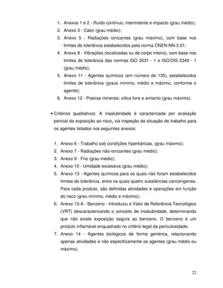 1. Anexos 1 e 2 - Ruído contínuo, intermitente e impacto (grau médio);
   2. Anexo 3 - Calor (grau médio);
   3. Anexo 5 - Radiações ionizantes (grau máximo), com base nos
      limites de tolerância estabelecidos pela norma CNEN-NN-3.01;
   4. Anexo 8 - Vibrações (localizadas ou de corpo inteiro), com base nos
      limites de tolerância das normas ISO 2631 - 1 e ISO/DIS 5349 - 1
      (grau médio);
   5. Anexo 11 - Agentes químicos (em número de 135), estabelecidos
      limites de tolerância (graus mínimo, médio e máximo, conforme o
      agente);
   6. Anexo 12 - Poeiras minerais: sílica livre e amianto (grau máximo).


• Critérios qualitativos: A insalubridade é caracterizada por avaliação
 pericial da exposição ao risco, via inspeção da situação de trabalho para
 os agentes listados nos seguintes anexos:


 1. Anexo 6 - Trabalho sob condições hiperbáricas, (grau máximo);
 2. Anexo 7 - Radiações não-ionizantes (grau médio);
 3. Anexo 9 - Frio (grau médio);
 4. Anexo 10 - Umidade excessiva (grau médio);
 5. Anexo 13 - Agentes químicos para os quais não foram estabelecidos
    limites de tolerância, entre os quais quatro substâncias cancerígenas.
    Para cada produto, são definidas atividades e operações em função
    do risco (grau mínimo, médio e máximo);
 6. Anexo 13-A - Benzeno - Introduziu o Valor de Referência Tecnológico
    (VRT) descaracterizando o conceito de insalubridade, determinando
    que não existe exposição segura ao benzeno. O benzeno é um
    produto inflamável enquadrado no critério legal da periculosidade;
 7. Anexo 14 - Agentes biológicos de forma genérica, relacionando
    apenas atividades e não especificamente os agentes (grau médio ou
    máximo).




                                                                           22
 