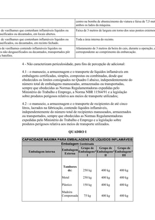 centro na bomba de abastecimento da viatura e faixa de 7,5 met
ambos os lados da máquina.
o de vasilhames que contenham inflamáveis líquidos ou
aseificados ou decantados, em locais abertos.
Faixa de 3 metros de largura em torno dos seus pontos externos
o de vasilhames que contenham inflamáveis líquidos ou
aseificados, ou decantados, em recinto fechado.
Toda a área interna do recinto.
a de vasilhames contendo inflamáveis líquidos ou
os não desgaseificados ou decantados, transportados pôr
u batelões.
Afastamento de 3 metros da beira do cais, durante a operação, c
correspondente ao comprimento da embarcação.
4 - Não caracterizam periculosidade, para fins de percepção de adicional:
4.1 - o manuseio, a armazenagem e o transporte de líquidos inflamáveis em
embalagens certificadas, simples, compostas ou combinadas, desde que
obedecidos os limites consignados no Quadro I abaixo, independentemente do
número total de embalagens manuseadas, armazenadas ou transportadas,
sempre que obedecidas as Normas Regulamentadoras expedidas pelo
Ministério do Trabalho e Emprego, a Norma NBR 11564/91 e a legislação
sobre produtos perigosos relativa aos meios de transporte utilizados;
4.2 - o manuseio, a armazenagem e o transporte de recipientes de até cinco
litros, lacrados na fabricação, contendo líquidos inflamáveis,
independentemente do número total de recipientes manuseados, armazenados
ou transportados, sempre que obedecidas as Normas Regulamentadoras
expedidas pelo Ministério do Trabalho e Emprego e a legislação sobre
produtos perigosos relativa aos meios de transporte utilizados.
QUADRO I
CAPACIDADE MÁXIMA PARA EMBALAGENS DE LÍQUIDOS INFLAMÁVEIS
Embalagem Combinada
Embalagem interna
Embalagem
Externa
Grupo de
Embalagens*
I
Grupo de
Embalagens*
lI
Grupo de
Embalagens*
III
Tambores
de:
Metal
Plástico
Madeira
Compensada
250 kg
250 kg
150 kg
75 kg
400 kg
400 kg
400 kg
400 kg
400 kg
400 kg
400 kg
400 kg
 