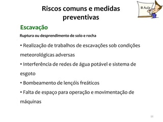Riscos comuns e medidas                      II Aula

                  preventivas
Escavação
Ruptura ou desprendimento de solo e rocha

• Realização de trabalhos de escavações sob condições
meteorológicas adversas
• Interferência de redes de água potável e sistema de
esgoto
• Bombeamento de lençóis freáticos
• Falta de espaço para operação e movimentação de
máquinas

                                                                  10
 