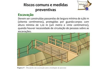Riscos comuns e medidas                        II Aula

           preventivas
Escavação
Devem ser construídas passarelas de largura mínima de 0,80 m
(oitenta centímetros), protegidas por guarda-corpos com
altura mínima de 1,20 m (um metro e vinte centímetros),
quando houver necessidade de circulação de pessoas sobre as
escavações.




                                                             14
 