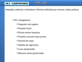 EPI s obrigatórios:
Capacete com jugular
Protetor facial
Óculos contra impactos
Protetor auricular tipo concha
Avental de raspa
Sapatos de segurança
Luvas apropriadas
Máscara contra particulado.
Proteções coletivas e individuais: Mínimas definidas por normas e Boas práticas
18.7 - CARPINTARIA
 