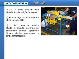 18.7.2. A serra circular deve
atender às disposições a seguir:
b) ter a carcaça do motor aterrada
eletricamente; [I4]
c) o disco deve ser mantido
afiado e travado, devendo ser
substituído quando apresentar
trincas, dentes quebrados ou
empenamentos; [I4]
3
4
18.7 - CARPINTARIA
 