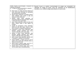18.36.6. Quanto à movimentação e transporte de
materiais e de pessoas:
a) O código de sinais recomendado é o seguinte:
(118.610-8 / I2)
b) Deve haver um código de sinais afixado em
local visível para comandar as operações
dos equipamentos de guindar.
 Elevar carga: antebraço na posição vertical;
dedo indicador para mover a mão em
pequeno círculo horizontal;
 abaixar carga: braço estendido na
horizontal; palma da mão para baixo; mover
a mão para cima e para baixo;
 parar: braço estendido; palma da mão para
baixo; manter braço e mão rígidos na
posição;
 parada de emergência: braço estendido;
palma da mão para baixo; mover a mão
para a direita e a esquerda rapidamente;
 suspender a lança: braço estendido; mão
fechada, polegar apontado para cima;
mover a mão para cima e para baixo;
 abaixar a lança: braço estendido; mão
fechada; polegar apontado para baixo;
erguer a mão para cima e para baixo;
 girar a lança: braço estendido; apontar com
o indicador no sentido do movimento;
 mover devagar: o mesmo que em I ou II,
porém com a outra mão colocada atrás ou
abaixo da mão de sinal;
 elevar lança e abaixar carga: usar III e V
com as duas mãos simultaneamente;
 abaixar lança e elevar carga: usar I e VI,
com as duas mãos, simultaneamente;
Quando houver no canteiro movimentação de cargas que necessitem da
utilização do código de sinais, deve ser verificado se há trabalhadores
treinados e se o referido código está afixado em local visível.
 