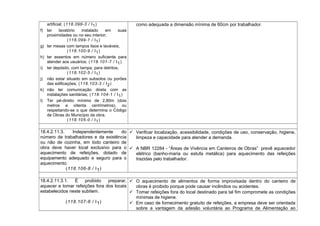 artificial; (118.098-3 / I1)
f) ter lavatório instalado em suas
proximidades ou no seu interior;
(118.099-1 / I1)
g) ter mesas com tampos lisos e laváveis;
(118.100-9 / I1)
h) ter assentos em número suficiente para
atender aos usuários; (118.101-7 / I1)
i) ter depósito, com tampa, para detritos;
(118.102-5 / I1)
j) não estar situado em subsolos ou porões
das edificações; (118.103-3 / I2)
k) não ter comunicação direta com as
instalações sanitárias; (118.104-1 / I1)
l) Ter pé-direito mínimo de 2,80m (dois
metros e oitenta centímetros), ou
respeitando-se o que determina o Código
de Obras do Município da obra.
(118.105-0 / I1)
como adequada a dimensão mínima de 60cm por trabalhador.
18.4.2.11.3. Independentemente do
número de trabalhadores e da existência
ou não de cozinha, em todo canteiro de
obra deve haver local exclusivo para o
aquecimento de refeições, dotado de
equipamento adequado e seguro para o
aquecimento.
(118.106-8 / I1)
 Verificar localização, acessibilidade, condições de uso, conservação, higiene,
limpeza e capacidade para atender a demanda.
 A NBR 12284 - “Áreas de Vivência em Canteiros de Obras” prevê aquecedor
elétrico (banho-maria ou estufa metálica) para aquecimento das refeições
trazidas pelo trabalhador.
18.4.2.11.3.1. É proibido preparar,
aquecer e tomar refeições fora dos locais
estabelecidos neste subitem.
(118.107-6 / I1)
 O aquecimento de alimentos de forma improvisada dentro do canteiro de
obras é proibido porque pode causar incêndios ou acidentes.
 Tomar refeições fora do local destinado para tal fim compromete as condições
mínimas de higiene.
 Em caso de fornecimento gratuito de refeições, a empresa deve ser orientada
sobre a vantagem da adesão voluntária ao Programa de Alimentação ao
 