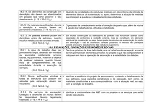 18.5.11. Os elementos da construção em
demolição não devem ser abandonados
em posição que torne possível o seu
desabamento. (118.136-0 / I3)
 Quando da constatação de estruturas instáveis em decorrência da retirada de
elementos básicos de sustentação ou apoio, determinar a adoção de medidas
que impeçam a queda ou o desabamento das estruturas.
18.5.12. Os materiais das edificações, durante
a demolição e remoção, devem ser
previamente umedecidos. (118.137-8 / I2)
 O processo de umedecimento evita a formação de poeira que, além de nociva
à saúde dos trabalhadores, dificulta a visibilidade.
18.5.13. As paredes somente podem ser
demolidas antes da estrutura, quando
esta for metálica ou de concreto armado.
(118.138-6 / I3)
 Em muitas construções ou edificações as paredes não funcionam apenas como
separação de ambientes e vedação externa, mas se constituem em elemento
estrutural da construção, ou seja, fazem parte da estrutura de sustentação do prédio
em demolição – são as chamadas paredes portantes. A retirada não planejada
poderá provocar o desabamento das estruturas superiores.
18.6. ESCAVAÇÕES, FUNDAÇÕES E DESMONTE DE ROCHAS.
18.6.1. A área de trabalho deve ser
previamente limpa, devendo ser retirados
ou escorados solidamente árvores,
rochas, equipamentos, materiais e objetos
de qualquer natureza, quando houver
risco de comprometimento de sua
estabilidade durante a execução de
serviços.
(118.139-4 / I4)
 Dentro e próximo da área delimitada para os trabalhos de escavação somente
devem permanecer elementos previstos no projeto e que não comprometam e
coloquem em risco a operação de escavação e a estabilidade dos taludes.
18.6.2. Muros, edificações vizinhas e
todas as estruturas que possam ser
afetadas pela escavação devem ser
escorados.
(118.140-8 / I4)
 Verificar a existência do projeto de escoramento, contendo o detalhamento da
sua estrutura, seus aspectos construtivos e de execução, bem como, os
materiais constituintes e sua correspondência com a situação real, ou seja,
com a condição de trabalho.
18.6.3. Os serviços de escavação,
fundação e desmonte de rochas devem
ter responsável técnico legalmente
habilitado. (118.141-6 / I4)
 Verificar a conformidade das ART com os projetos e os serviços que estão
sendo executados.
 