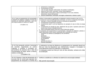 • alinhamento e nivelamento;
• funcionamento do motor;
• cabo de tração (desgaste, deformações, fios partidos e lubrificação);
• sistema de freio (motor, automático, manual, eletromagnético);
• sistema elétrico (chave geral e cabos de alimentação, fim de curso, botoeiras,
aterramento, chaves interruptoras);
• estrutura (estabilidade, amarrações, ancoragens, estaiamentos, roldanas e guias).
18.14.2 Todos os equipamentos de movimentação
e transporte de materiais e pessoas só devem ser
operados por trabalhador qualificado, o qual terá
sua função anotada em Carteira de Trabalho.
(118.259-5 / I4)
 Verificar a comprovação da qualificação do trabalhador conforme prevista no item 18.37.5.
 O conteúdo do curso de qualificação deve contemplar, no mínimo, as seguintes informações:
• descrição e modo de operação de todos os comandos do equipamento;
• procedimentos de segurança do operador;
• procedimentos sobre o uso dos dispositivos de operação em caso de falta de energia
elétrica;
• procedimentos em situação de pane, detalhando até que ponto o operador pode atuar e
quando deve chamar a assistência técnica;
• lista de verificações diárias (check-list) a serem feitas pelo operador.
 Os operadores dos equipamentos de movimentação e transporte de materiais e pessoas, a
seguir relacionados, devem possuir qualificação para a operação dos mesmos:
- elevadores de materiais, de passageiros e de cremalheira;
- gruas;
- guindastes;
- retroescavadeiras;
- pá carregadeira;
- tratores;
- guinchos de coluna ; e,
- veículos motorizados.
18.14.3 No transporte vertical e horizontal
de concreto, argamassas ou outros
materiais, é proibida a circulação ou
permanência de pessoas sob a área de
movimentação da carga, sendo a mesma
isolada e sinalizada.
(118.260-9 / I3)
 O isolamento da área de influência do equipamento em operação deverá ser
feito por meio de dispositivos que, efetivamente, impeçam a circulação no
local (elementos físicos de retenção ou isolamento).
 A sinalização poderá ser feita por meio de fitas zebradas, cartazes e/ou telas
de sinalização.
18.14.4 Quando o local de lançamento de
concreto não for visível pelo operador do
equipamento de transporte ou bomba de
 Verificar a existência e a eficácia do sistema de comunicação adotado.
 Não permitir improvisação.
 
