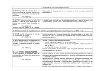 visualização de suas condições pelo operador.
18.14.16 O guincho do elevador deve ser
dotado de chave de partida e bloqueio que
impeça o seu acionamento por pessoa não
autorizada.
(118.273-0 / I3)
 O dispositivo de bloqueio pode ser um cadeado ou similar ou, ainda, dispositivo
eletromecânico.
18.14.17 Em qualquer posição da cabina do
elevador, o cabo de tração deve dispor, no
mínimo, de 6 (seis) voltas enroladas no
tambor.
(118.634-5 / I4)
(redação dada pela Portaria 20, de 17/04/98)
 A posição mais favorável para a verificação desse item é quando a cabina está
apoiada na base, quando ocorre o desenrolamento máximo do cabo de aço.
18.14.18 Os elevadores de caçamba devem ser utilizados apenas para o transporte de material a granel. (118.275-7 / I4)
18.14.19 É proibido o transporte de pessoas
por equipamento de guindar.
(118.276-5 / I4)
 Embora pareça óbvio é interessante esclarecer que esta proibição só se aplica para
situações em que o equipamento de guindar tenha sido concebido para o transporte
exclusivo de materiais.
18.14.20 Os equipamentos de transportes de
materiais devem possuir dispositivos que
impeçam a descarga acidental do material
transportado.
(118.277-3 / I4)
 Verificar a existência dos seguintes dispositivos:
• trava de segurança no gancho de içamento de carga;
• elemento para manter a caçamba do elevador em equilíbrio, conforme previsto no
item 18.14.21.7;
• de fechamento da cabina do elevador.
 Quando transportadas em elevadores, peças de grande dimensão devem estar
amarradas à estrutura da cabina.
18.14.21 TORRES DE ELEVADORES
18.14.21.1 As torres de elevadores devem ser
dimensionadas em função das cargas a que
estarão sujeitas.
(118.278-1 / I4)
 Quando metálicas, as torres deverão observar as especificações técnicas quanto ao
dimensionamento previsto pelo fabricante, em razão dos esforços solicitantes (cargas
a que estarão sujeitas).
 Deverá haver um memorial descritivo elaborado por engenheiro responsável pelo
dimensionamento das torres contendo as especificações dos materiais e
equipamentos que a compõe. O memorial deverá estar previsto no PCMAT ou em
projeto específico elaborado por engenheiro habilitado, com a apresentação da
respectiva ART.
 Deverão ser previstos procedimentos específicos para montagem, desmontagem e
 