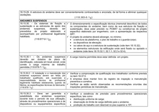18.15.29. A estrutura do andaime deve ser convenientemente contraventada e ancorada, de tal forma a eliminar quaisquer
oscilações.
(118.365-6 / I4)
ANDAIMES SUSPENSOS
18.15.30. - Os sistemas de fixação e
sustentação e as estruturas de apoio dos
andaimes suspensos, deverão ser
precedidos de projeto elaborado e
acompanhado por profissional legalmente
habilitado.
(118.677-9 / I2)
 O dimensionamento e especificação técnica (memorial descritivo) de todos
os componentes do andaime, bem como de sua estrutura de fixação e
sustentação, deve estar previsto no PCMAT ou constituir-se de projeto
específico elaborado por engenheiro, com a apresentação da respectiva
ART.
 O projeto do andaime deverá abranger, no mínimo:
• a estrutura da plataforma, o piso de trabalho e o guarda-corpo;
• os dispositivos de elevação;
• os cabos de aço e a estrutura de sustentação (vide item 18.15.32);
• os elementos estruturais da edificação onde será fixado ou apoiado o
andaime (vide itens 18.15.32.1; 32.1.1; 32.2 e 32.4).
18.15.30.1 - Os andaimes suspensos
deverão ser dotados de placa de
identificação, colocada em local visível, onde
conste a carga máxima de trabalho
permitida.(118.678-7 / I2)
 A carga máxima permitida deve estar definida em projeto.
18.15.30.2 - A instalação e a manutenção dos
andaimes suspensos devem ser feitas pôr
trabalhador qualificado, sob supervisão e
responsabilidade técnica de profissional
legalmente habilitado obedecendo, quando de
fábrica, as especificações técnicas do fabricante.
(118.679 / I3)
 Verificar a comprovação de qualificação dos trabalhador conforme prevista
no item 18.37.5.
 A empresa deve manter livro de registro de inspeção e manutenção
preventiva e corretiva.
 Verificar se estão sendo observadas as recomendações oriundas das
inspeções periódicas de manutenção.
18.15.30.3 - Deve ser garantida a
estabilidade dos andaimes suspensos
durante todo o período de sua utilização,
através de procedimentos operacionais e de
dispositivos ou equipamentos específicos
 Verificar a existência de previsão para procedimentos operacionais
específicos, tais como:
• distribuição uniforme de carga;
• observação do limite de carga definido para o andaime;
• proibição de trabalho com desnível no piso superior a 15º;
 